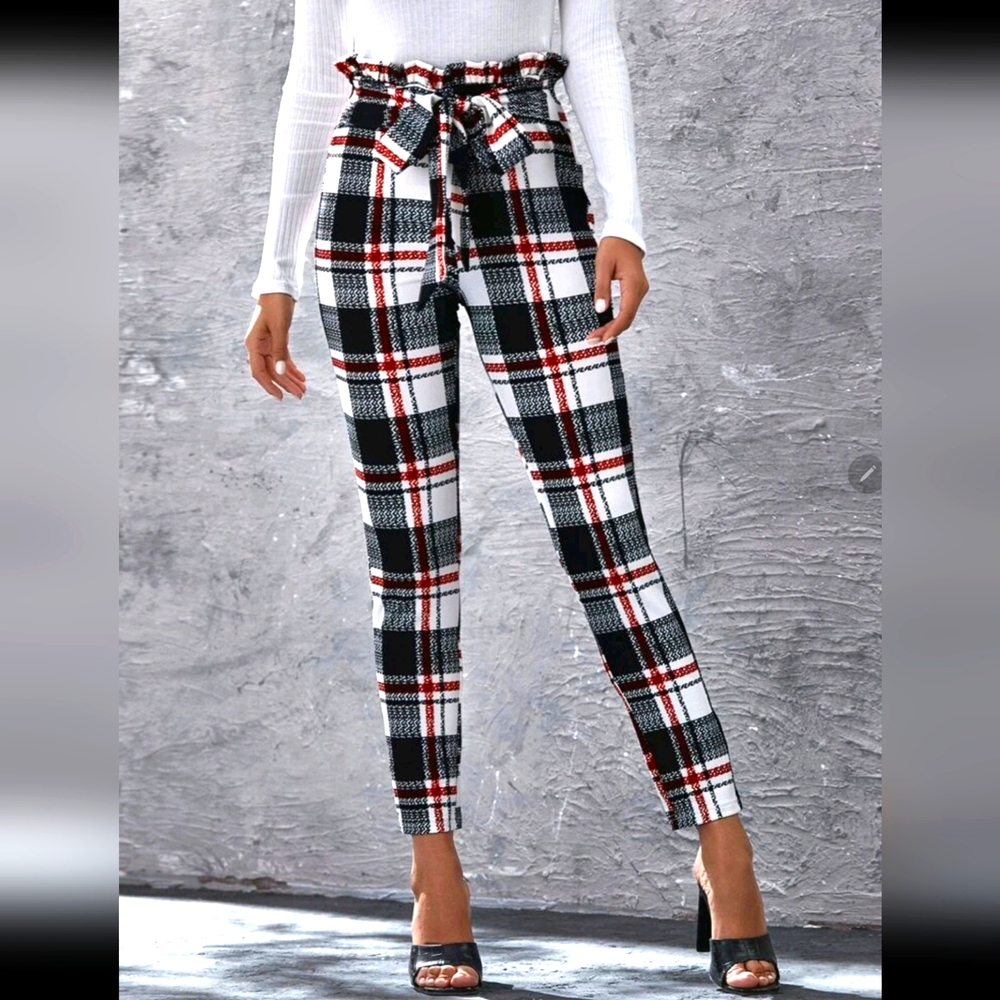 Paperbag Waist Tie Front Plaid Pants